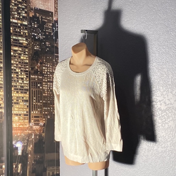 EXPRESS - NWT - cream sheer mesh knit l/s sweater w silver studded shoulders - L - Picture 5 of 16